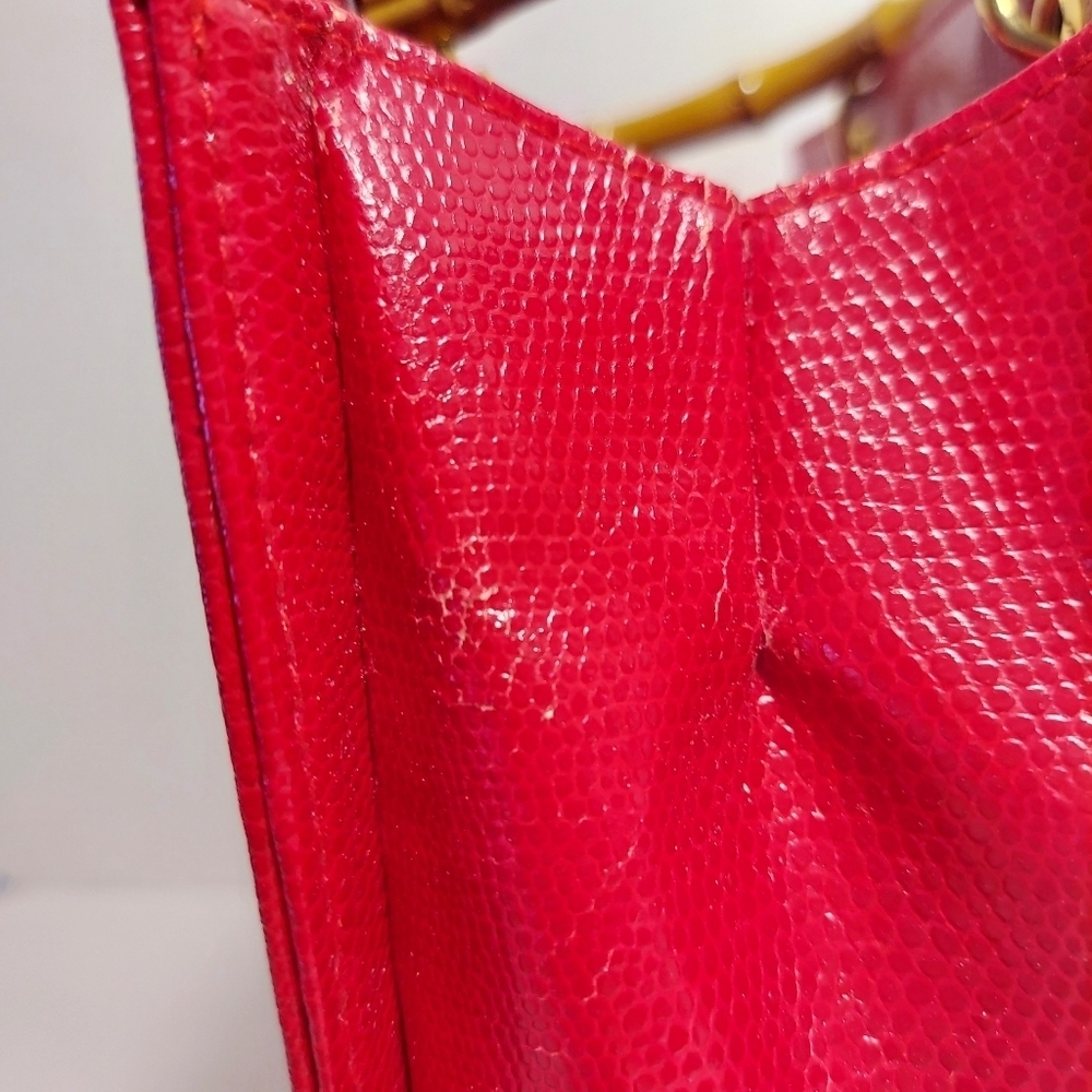 Giorgio Beverly Hills Hand Bag Red Faux Leather Bamboo Straps Minor Damage - Picture 4 of 16